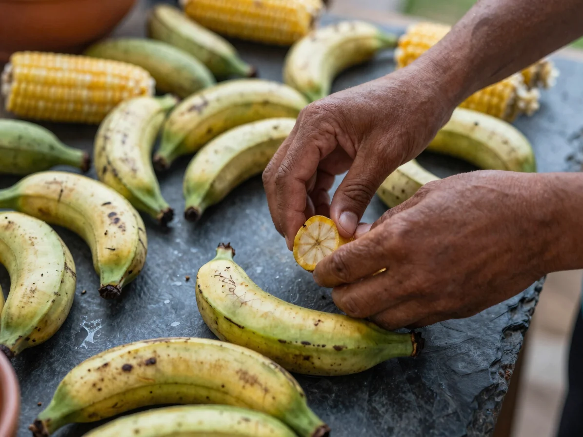 Close up of hands preparing traditional Colombian food, ingredien