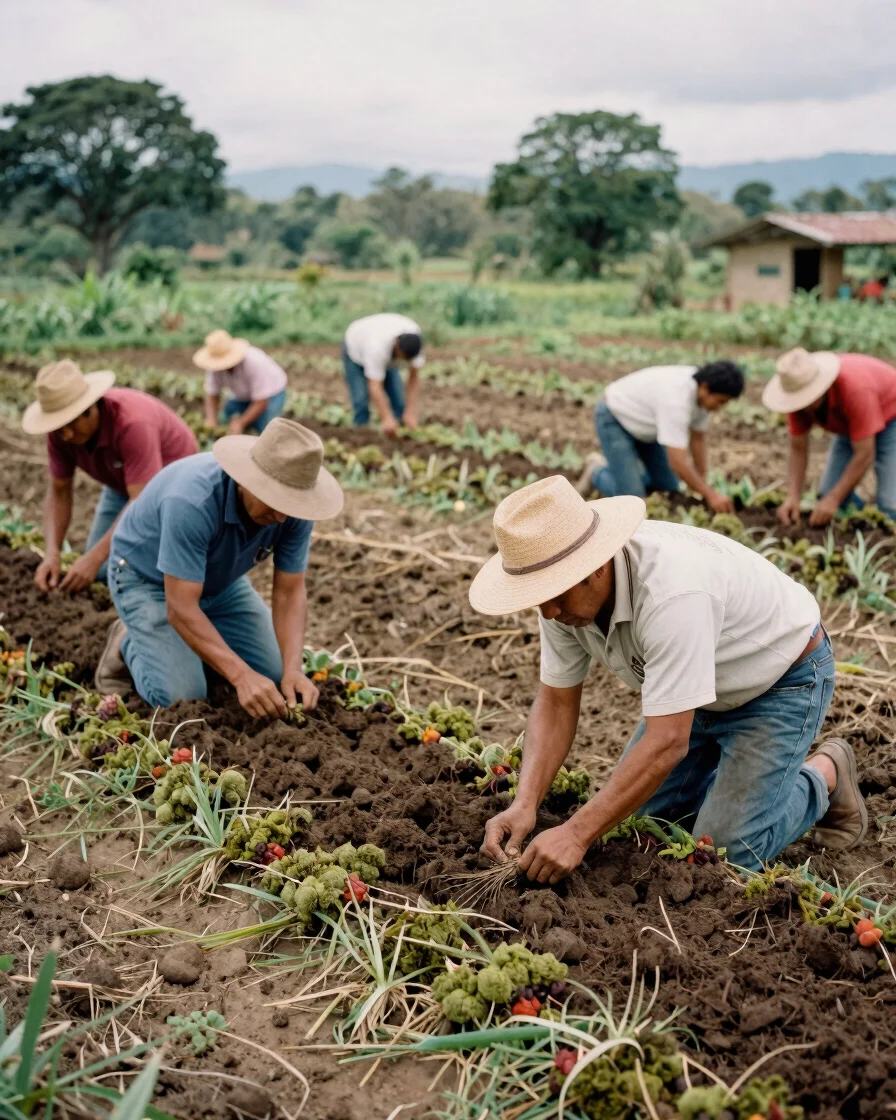 Manos de expedicionarios y anfitriones comunitarios trabajando la tierra en el Pacífico colombiano, enfocadas en la siem