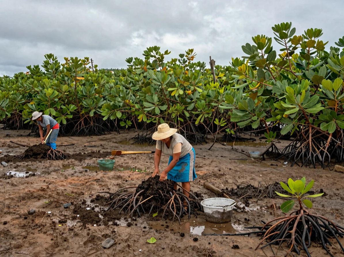 Fotografía documental de María, anfitriona en el Pacífico colombiano, mostrando técnicas de siembra de manglares, luz na