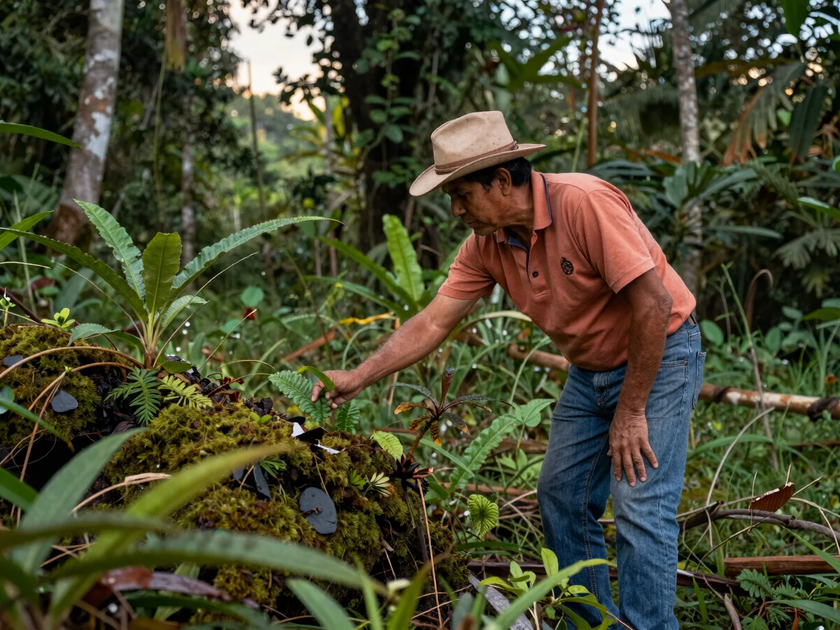 Fotografía documental de Carlos, anfitrión en Guainía, señalando flora nativa en la selva, luz natural de tarde.