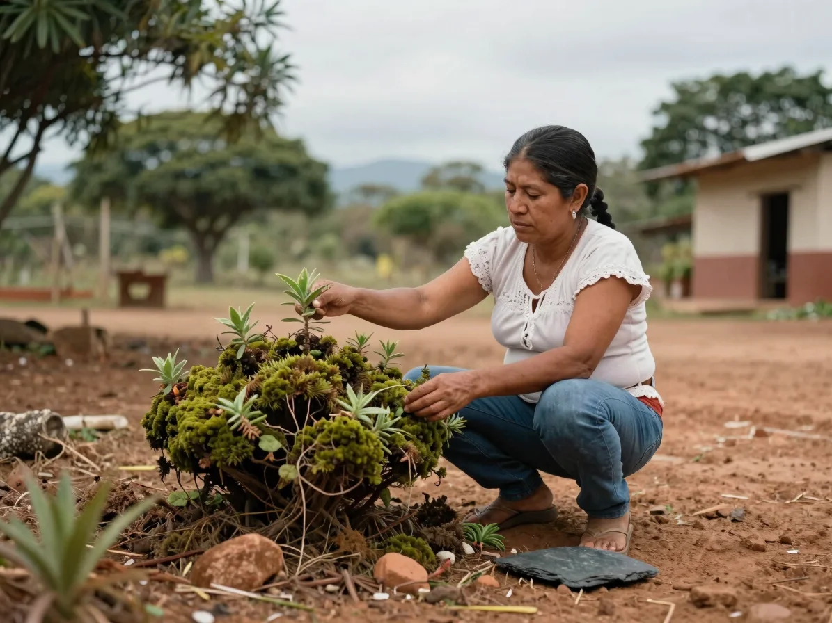 Fotografía documental de Ana, anfitriona en La Guajira, explicando el uso de plantas desérticas, tonos ocres.