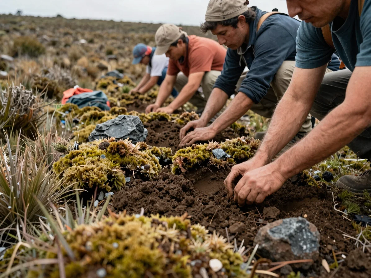 Expedition members performing soil restoration in a Colombian páramo, hands working the earth, soft natural daylight, ea