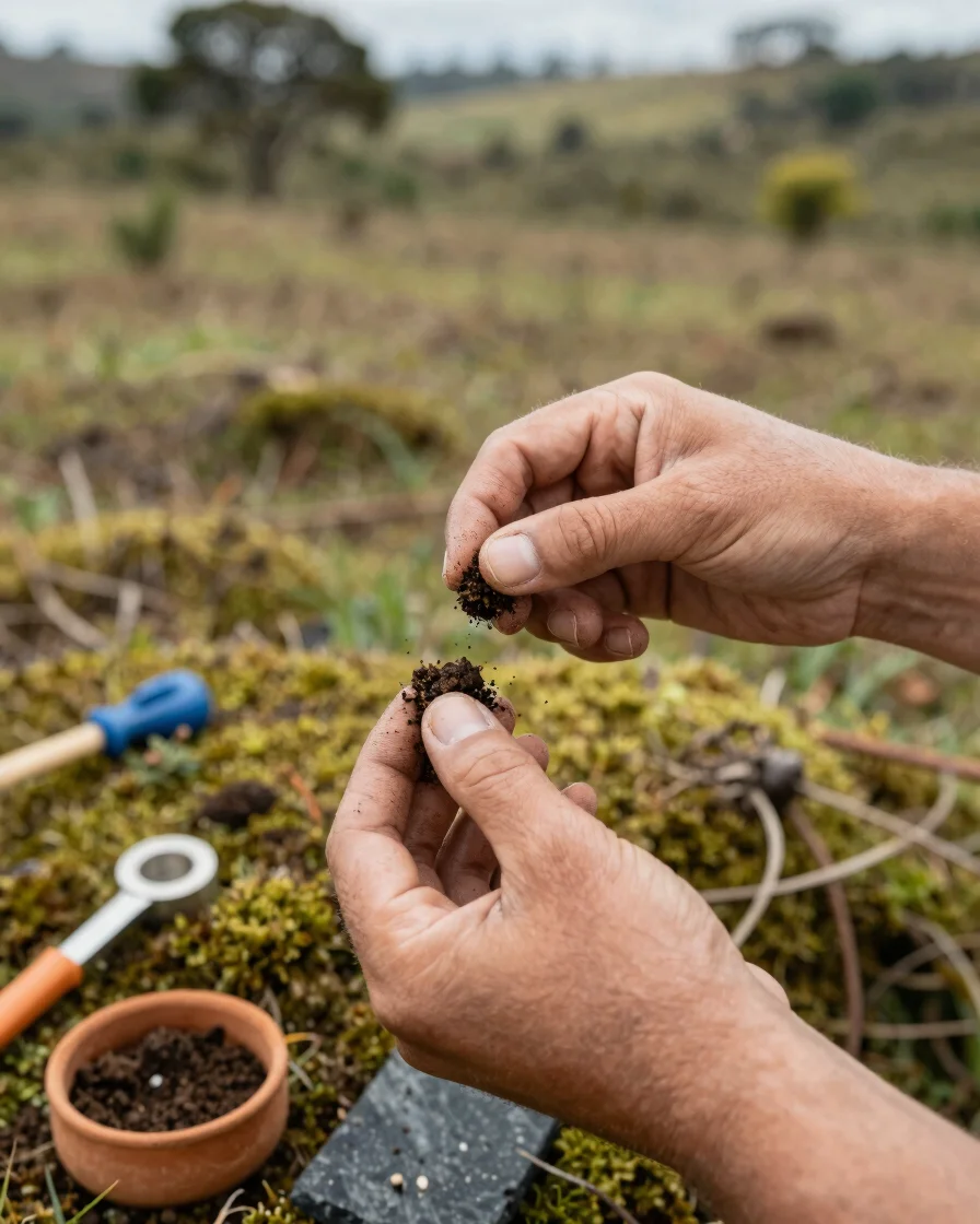 Close-up of hands examining soil samples in a field, scientific t