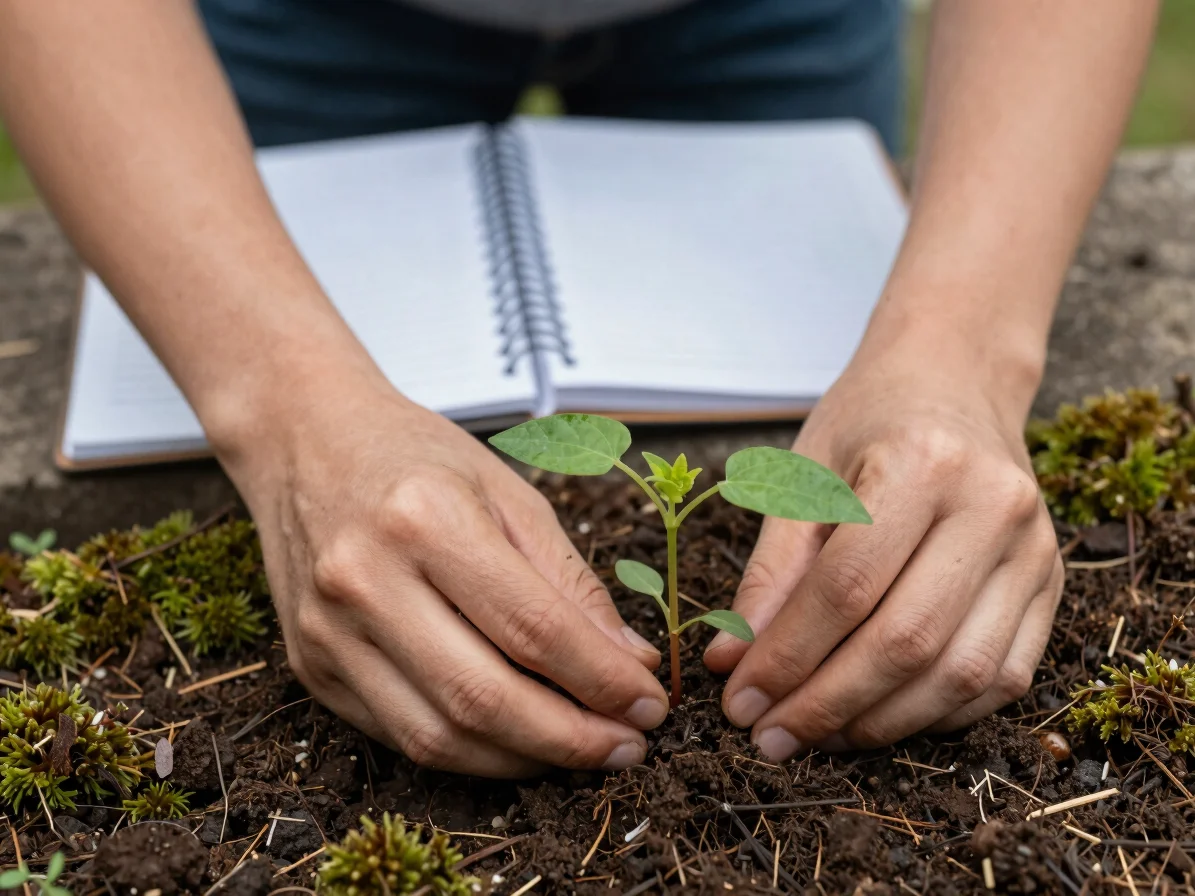 Close up of hands monitoring a small plant in rich soil, a field