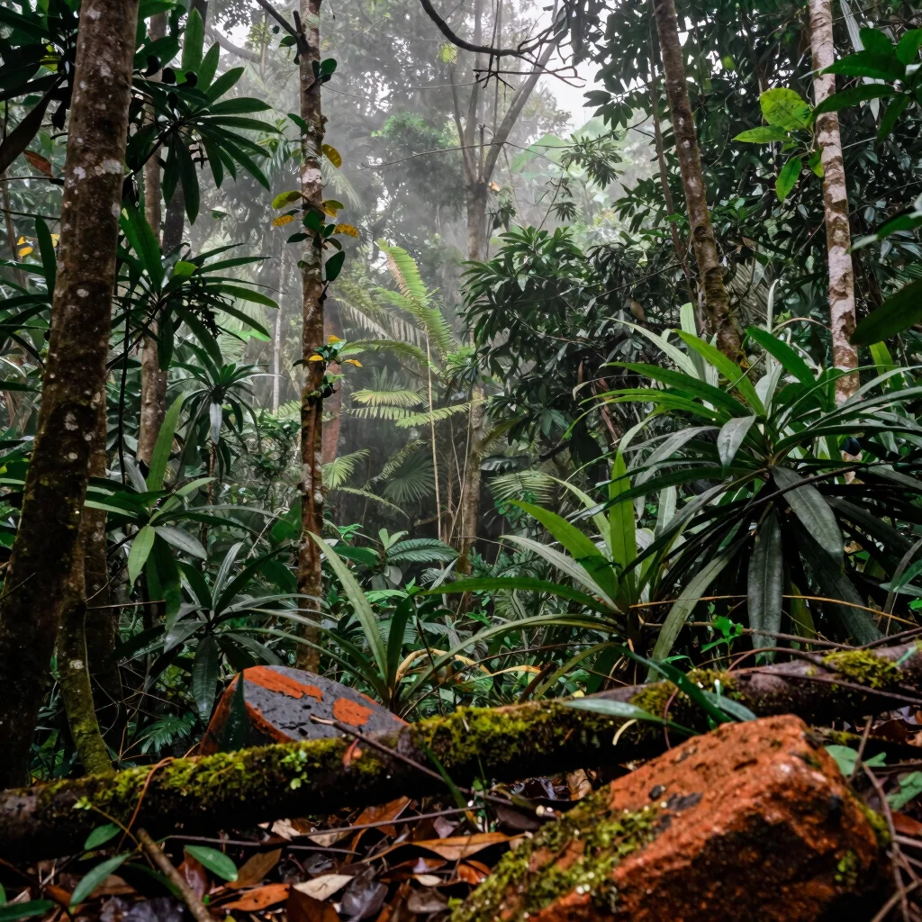 Dense Amazon rainforest canopy, misty morning light, earthy tones