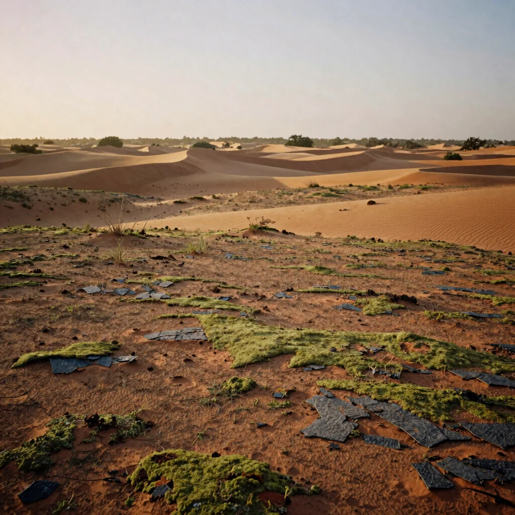 Arid landscape of La Guajira, sand dunes and sparse vegetation, w