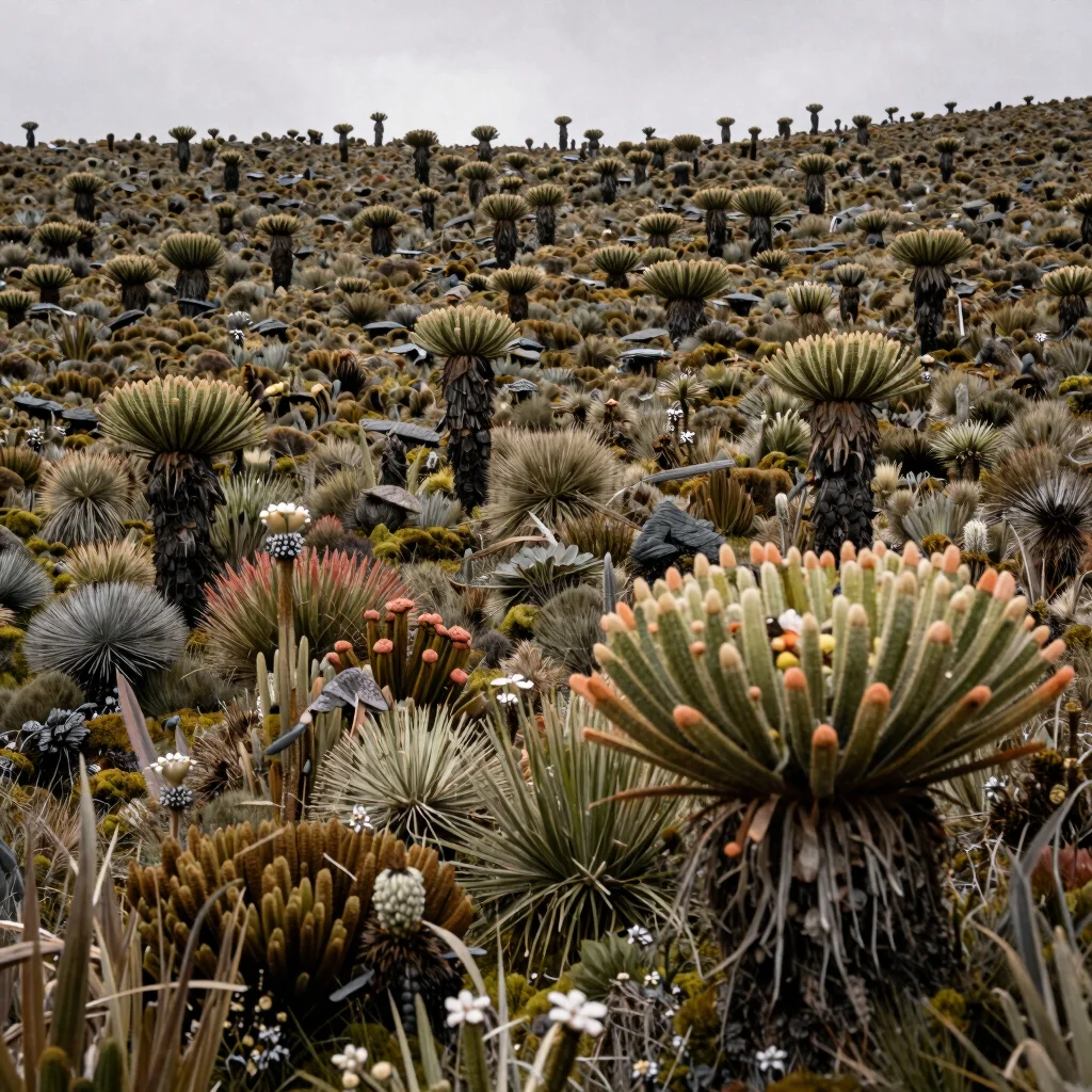 Misty paramo landscape in Boyacá, unique frailejones plants, soft